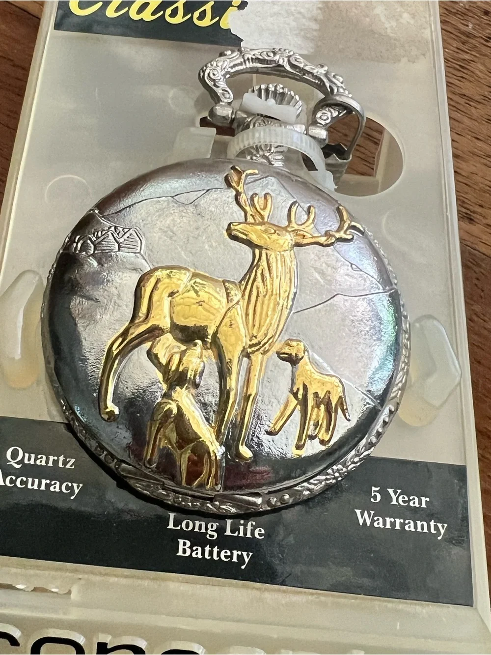 Vintage Silver and Gold Deer Pocket Watch NIB needs battery